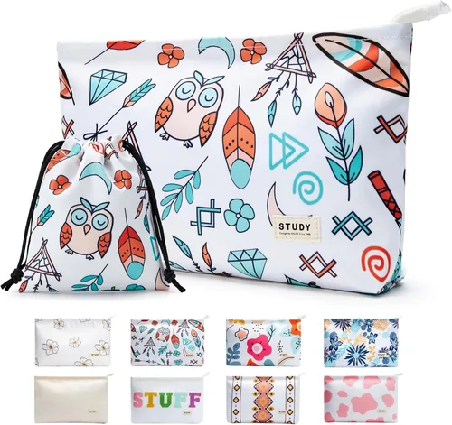 Miniatura 25 de WLLWOO - 2 bolsas de maquillaje de pana con cara sonriente, bolsa de cosméticos con cremallera interior impermeable, estuche para lápices, monedero