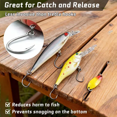 Miniatura 4 de FishTrip Ganchos individuales en línea de pesca - en línea ganchos para gancho agudos reemplazo para señuelos tapones agua salada agua dulce