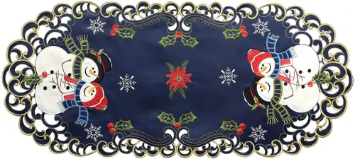 Creative Linens Camino de mesa navideño bordado muñeco de nieve con copo de nieve de Pascua ovalado, bufanda de tocador azul dorado (15 x 34
