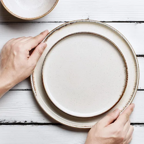 Miniatura 4 de Bosmarlin Juego de 4 platos de cerámica para ensalada, pasta, postre, microondas y lavavajillas (beige, 8.2 pulgadas)