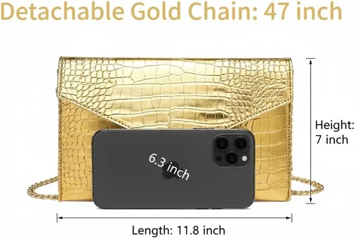 Miniatura 5 de Bolso de mano dorado para mujer, de cuero vegano metálico, bolso cruzado de noche para vestido formal, boda, fiesta cuero vegano
