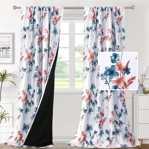 Miniatura 12 de H.VERSAILTEX Cenefas de cortina 100% opacas para ventanas de cocina, juego de 2 paneles de Cattleya con estampado floral Leah con aislamiento