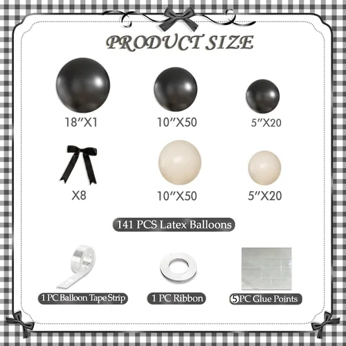 Miniatura 7 de Kit de arco de globos negro y arena blanca 141 piezas, decoraciones de cumpleaños coquetas incluyen globos y lazo negro para boda, baby shower