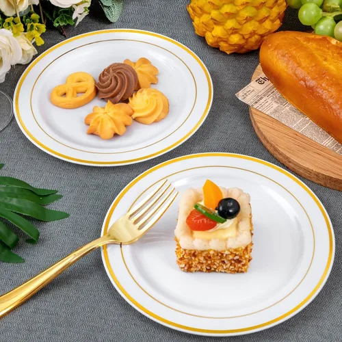 Miniatura 5 de WELLIFE 240 platos desechables de postre con tenedores de plástico dorados, 120 platos blancos de 6.5 pulgadas para ensalada de pastel con borde