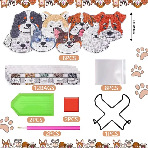 Miniatura 2 de 8 piezas de posavasos de pintura de diamantes en forma de perro para bebidas, kits de pintura de diamantes de perro DIY con soporte, posavasos