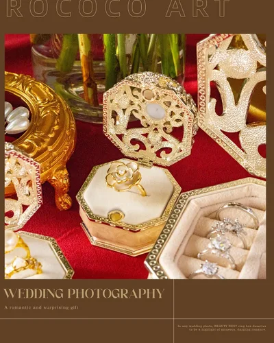 Miniatura 12 de Caja de doble anillo para ceremonia de boda, pequeña caja de anillo de compromiso para propuesta, caja de portador de anillos vintage, caja