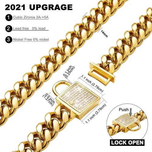 Miniatura 2 de Collar de cadena para perro con cierre de circonita cúbica de 0.551 in, acero inoxidable, chapado en oro de 18 quilates, cadena cubana
