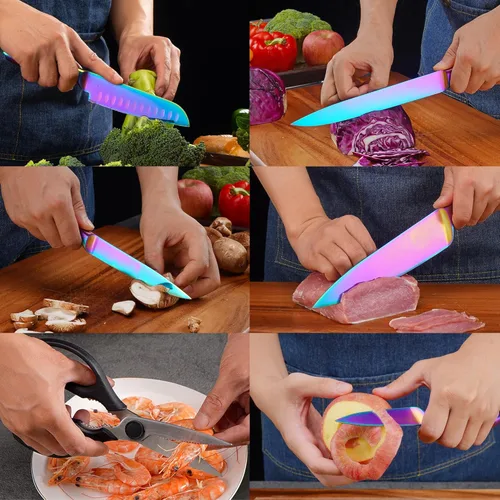 Miniatura 5 de WELLSTAR Juego de cuchillos arcoíris de 8 piezas, juego de cuchillos de cocina de acero inoxidable alemán iridescente con bloque de madera, Juego