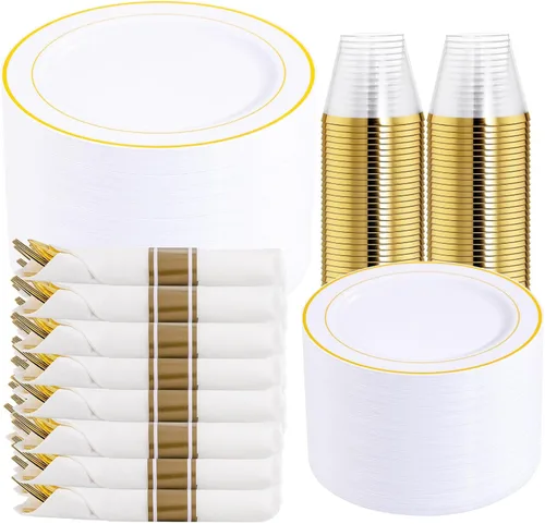 Miniatura 12 de Juego de vajilla de 350 piezas de color oro rosa de DaYammi – Incluye: 50 platos de cena de 26 cm, 50 platos de postre de 19 cm, 50 cubiertos de oro