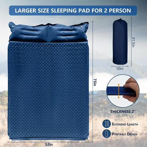 Miniatura 2 de Colchoneta de dormir doble para acampar con almohada, colchón de espuma viscoelástica de 2 pulgadas para 2 personas, almohadilla de campamento