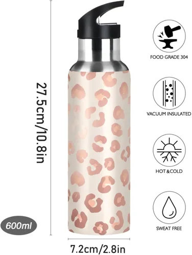 Miniatura 9 de Insulated Water Bottle 20 Oz, Leakproof Water Bottles for Gym Outdoor Travel School, Rose Gold Leopard Spots Beige