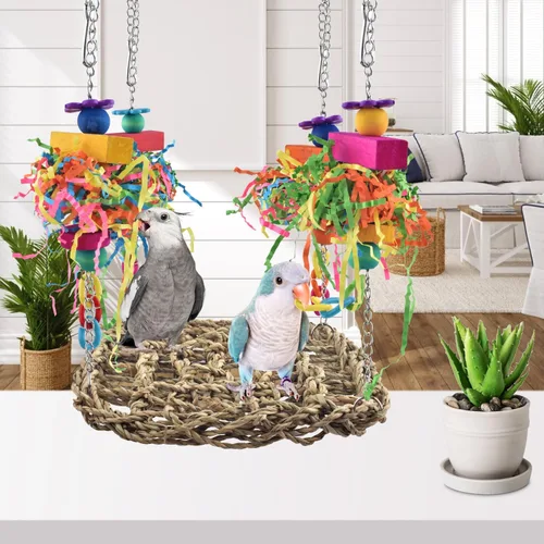 Miniatura 6 de KATUMO Conure Toys, tapete de columpio de hierba de pájaro con juguetes coloridos para periquito, cacatúa, conura solar, agapornito, periquito