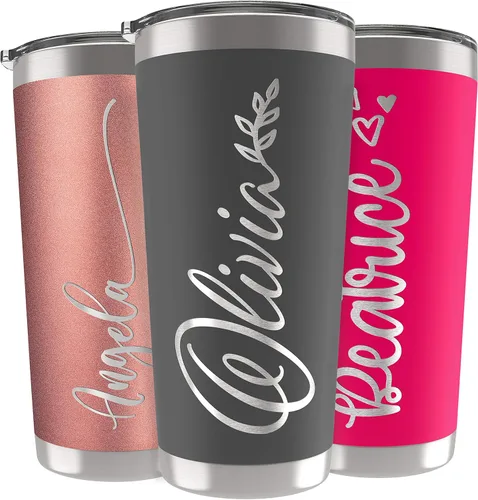 Miniatura 10 de Vasos delgados personalizados con tapa, regalos para ella de 20 onzas, rosa intenso, 12 diseños, vaso grabado personalizado con nombre, tazas Rosa