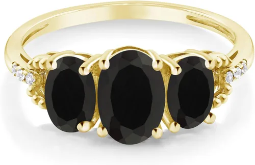 Miniatura 2 de Gem Stone King Anillo de compromiso ovalado de oro amarillo de 10 quilates con ónix negro y diamantes para mujer