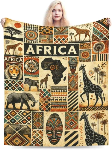 Miniatura 7 de Manta con diseño étnico de mapa tribal africano, diseño vintage de animales de safari africanos, manta suave y acogedora de vellón mullido, mantas