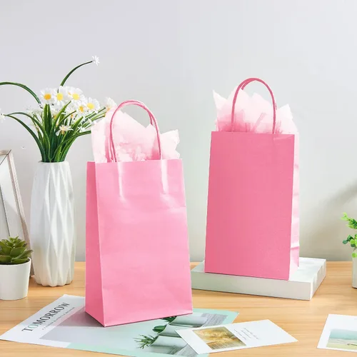 Miniatura 8 de DjinnGlory Paquete de 24 pequeñas bolsas de regalo de papel rosa con asas de 9 x 5.5 x 3.15 pulgadas y 24 papel de regalo de seda para negocios