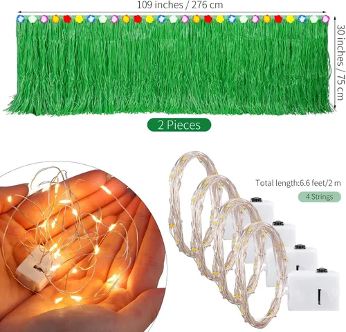 Miniatura 2 de Aneco 2 faldas de mesa de césped Luau de 9 pies x 30 pulgadas con cadena de luz LED, falda de mesa hawaiana iluminada, falda de hierba iluminada