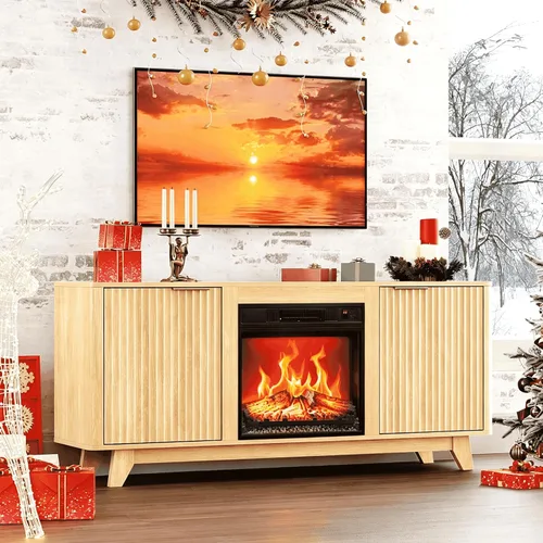 Miniatura 8 de VINGLI - Soporte de TV con chimenea para televisores de hasta 70 pulgadas, centro de entretenimiento acanalado con calefacción eléctrica y estantes