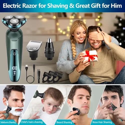 Miniatura 7 de Maquinilla de afeitar eléctrica para hombres, afeitadoras eléctricas para rostros de hombres, hoja desmontable 3D giratoria para afeitar con Verde