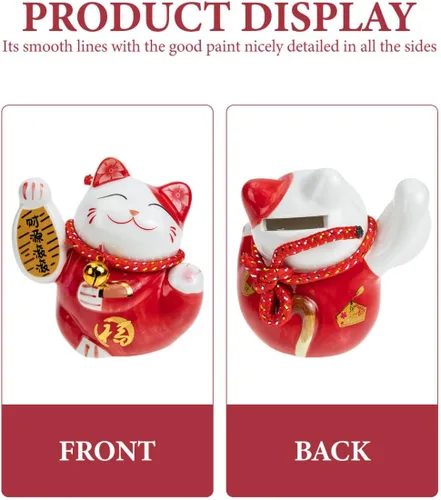 Miniatura 6 de Tofficu Adorable banco de monedas de cerámica roja de gato de la suerte, decoración de Feng Shui, bonita decoración de habitación, gato chino