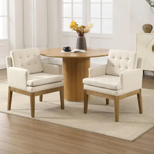 Juego de 2 sillas de comedor tapizadas, sillas de comedor copetudas de tela de lino con brazos, acogedora silla de cocina de granja de madera maciza