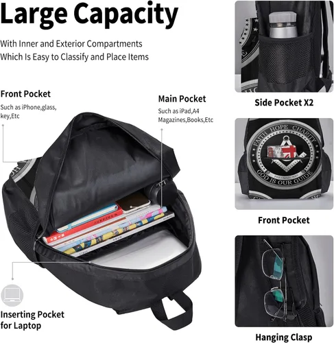 Miniatura 4 de SWEET TANG Mochila escolar para estudiantes, con logotipo masónico de Fe, Esperanza y Caridad, Masón, Negro, Viaje, Senderismo, Gran Capacidad