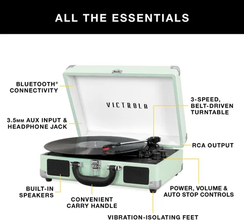 Miniatura 2 de Victrola Journey Tocadiscos Portátil de Maleta con Bluetooth – con Altavoces Integrados, Tocadiscos de Vinilo de 3 Velocidades, Salida RCA, Conector