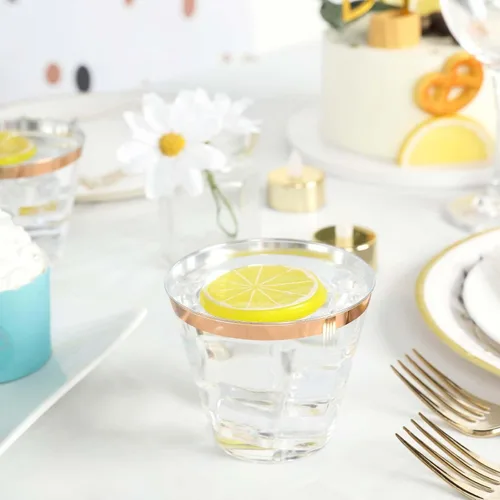 Efavormart - Juego de 12 vasos de plástico de oro rosa de 10 onzas, diseño de borde para decoración de boda