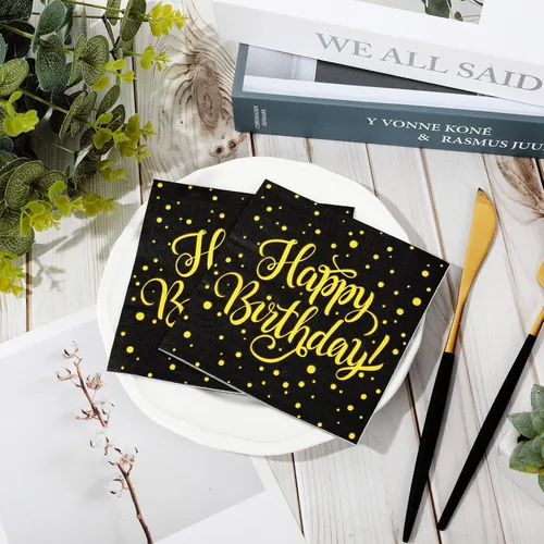 Miniatura 3 de JarThenaAMCS 80 servilletas de feliz cumpleaños, servilletas de cóctel con puntos negros y dorados, servilletas de papel desechables para fiestas