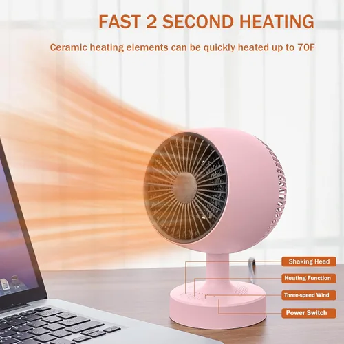Miniatura 2 de Calentador de espacio, calentador de espacio pequeño, calentador de escritorio de 1200 W para oficina, oscilación lateral de 160° automática, 3