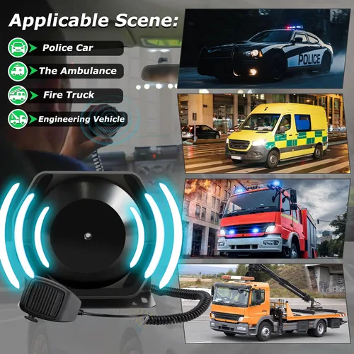 Miniatura 4 de Sirena de policía para coche, 8 tonos, sistema PA de sirena de emergencia de advertencia con micrófono de mano 12 V 200 W para ambulancia, camión