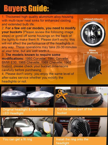 Miniatura 6 de 4 piezas de faros LED UNI-SHINE de 5 3/4" con haz alto y bajo, señal de giro ámbar, DRL blanco, anillo de halo