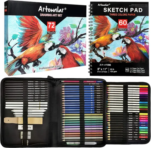 Artownlar Juego de 72 bocetos de dibujo con cuaderno de bocetos de 8 x 11 | Kit de suministros de arte profesional para artistas, adultos,