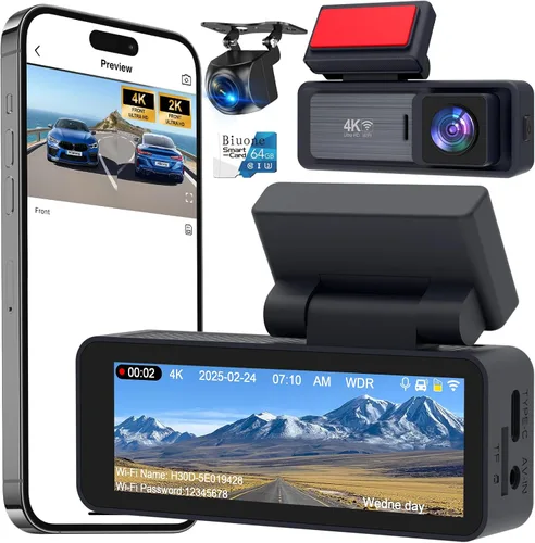 Miniatura 16 de Cámara frontal para automóvil con WiFi integrado y control de aplicación, cámara de tablero 4K con tarjeta gratuita de 32 GB, cámara de tablero