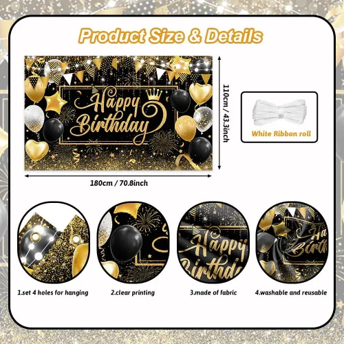 Miniatura 2 de AIBIIN Telón de fondo de feliz cumpleaños para hombre, fondo de fotografía dorado, globos negros, decoraciones de fiesta de cumpleaños, pancarta