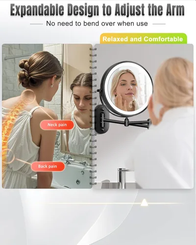 Miniatura 4 de Espejo de maquillaje montado en la pared con luz, 20X/1X 20,3 cm espejo doble cara LED con aumento para baño, espejo de tocador iluminado