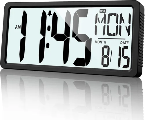 XREXS Reloj de pared digital grande, funciona con pilas, con retroiluminación, temporizador de pantalla grande LED de 15 pulgadas con temperatura,