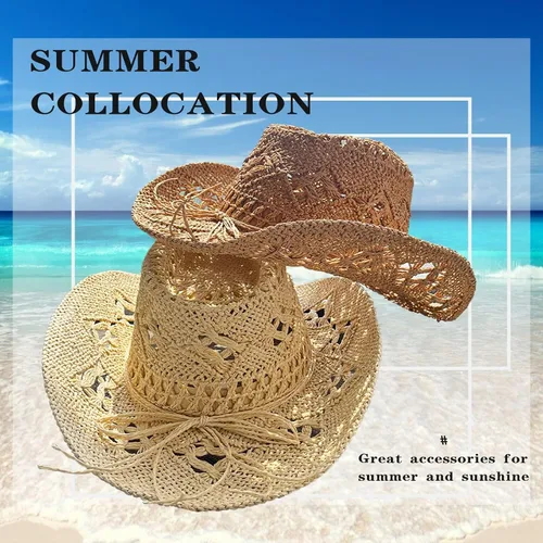 Miniatura 6 de Sombreros de vaquero de paja para mujer, sombrero de vaquera occidental brillante para vacaciones, sombrero de playa plegable con ala ancha