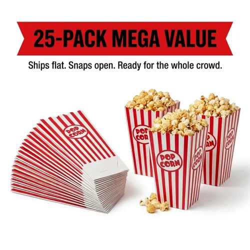 Miniatura 5 de Paquete de 25 cajas de palomitas de maíz, bolsas de palomitas de maíz para fiestas, bolsas de palomitas de maíz rojas y blancas para palomitas