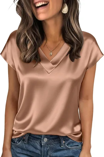Miniatura 24 de Zeagoo - Camisetas de mujer de satén de seda, tops de manga corta con cuello en V, blusas para negocios y conjuntos casuales, talla S-2XL