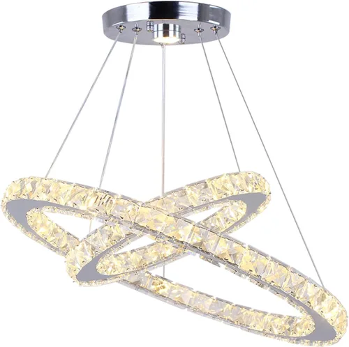 Candelabro LED moderno contemporáneo de 2 anillos, luz colgante ajustable de acero inoxidable y cristal, accesorio de iluminación de techo para