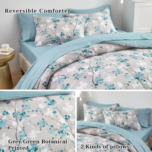 Miniatura 3 de Flysheep Juego de ropa de cama botánica gris en una bolsa, tamaño Queen, 7 piezas, diseño floral elegante con hojas grises aguamarina, para todas