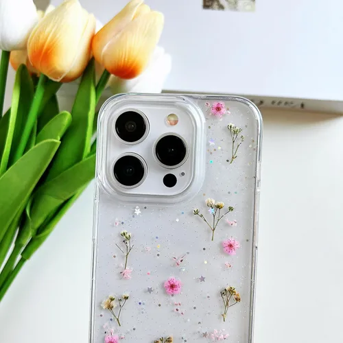 Miniatura 4 de LSEEKA Funda transparente para iPhone 14 Pro con diseño de flores reales prensadas, con purpurina, bonito patrón floral rosa, delgada, suave, funda