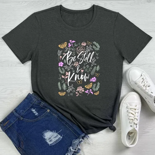 Miniatura 2 de Camiseta divertida con estampado floral para mujer con texto en inglés Be Still Know