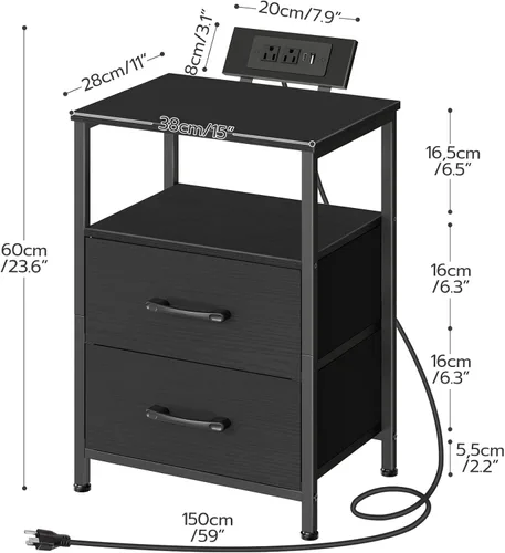Miniatura 3 de HOOBRO Mesita de noche con estación de carga, mesita de noche con luces LED y 2 cajones de tela, mesa auxiliar con 2 salidas de CA y puerto USB