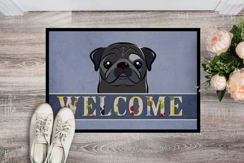 Miniatura 2 de Caroline's Treasures BB1449JMAT - Tapete de bienvenida de carlino negro, 24 x 36 pulgadas, tapete azul para puerta delantera, para interiores y Pug