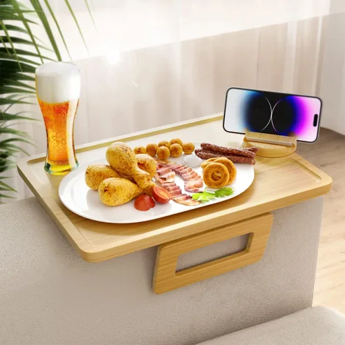 Miniatura 17 de Smatdecis Bandeja de brazo para sofá, mesa de clip para brazos, mesa de bandeja para reposabrazos adecuada para bebidas caseras, comida rápida, Negro