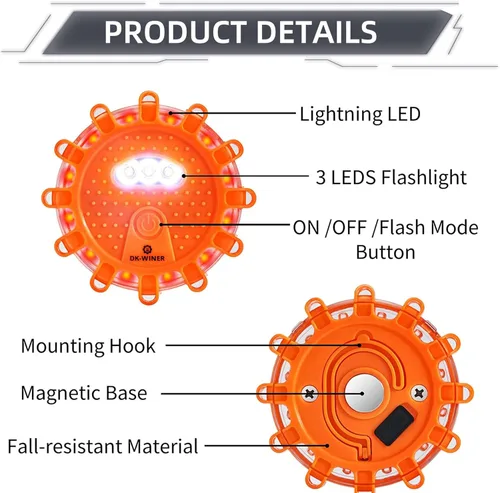 Miniatura 4 de Kit de bengalas LED de carretera para emergencia, kit de luces de emergencia para carretera con base magnética para vehículos y barcos 9 modos