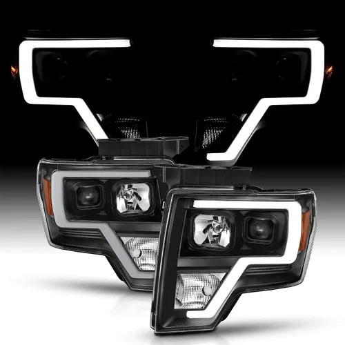 Miniatura 2 de AmeriLite para camioneta Ford F150 2009-2014, juego de faros delanteros LED de barra cuadrada, proyector halógeno negro, haz alto/bajo incluido