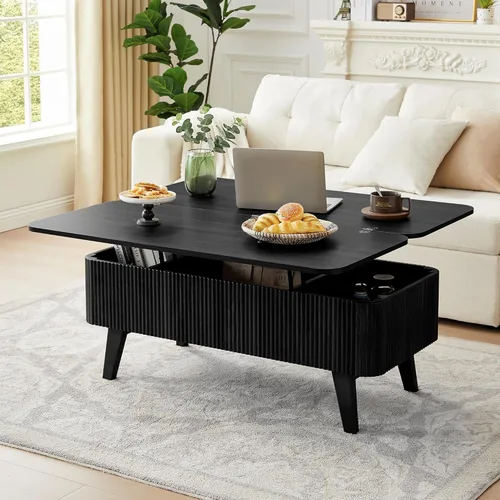 Miniatura 9 de Mesa de centro con parte superior acanalada totalmente montada con compartimento oculto, mesa central de madera, moderna mesa de elevación ovalada